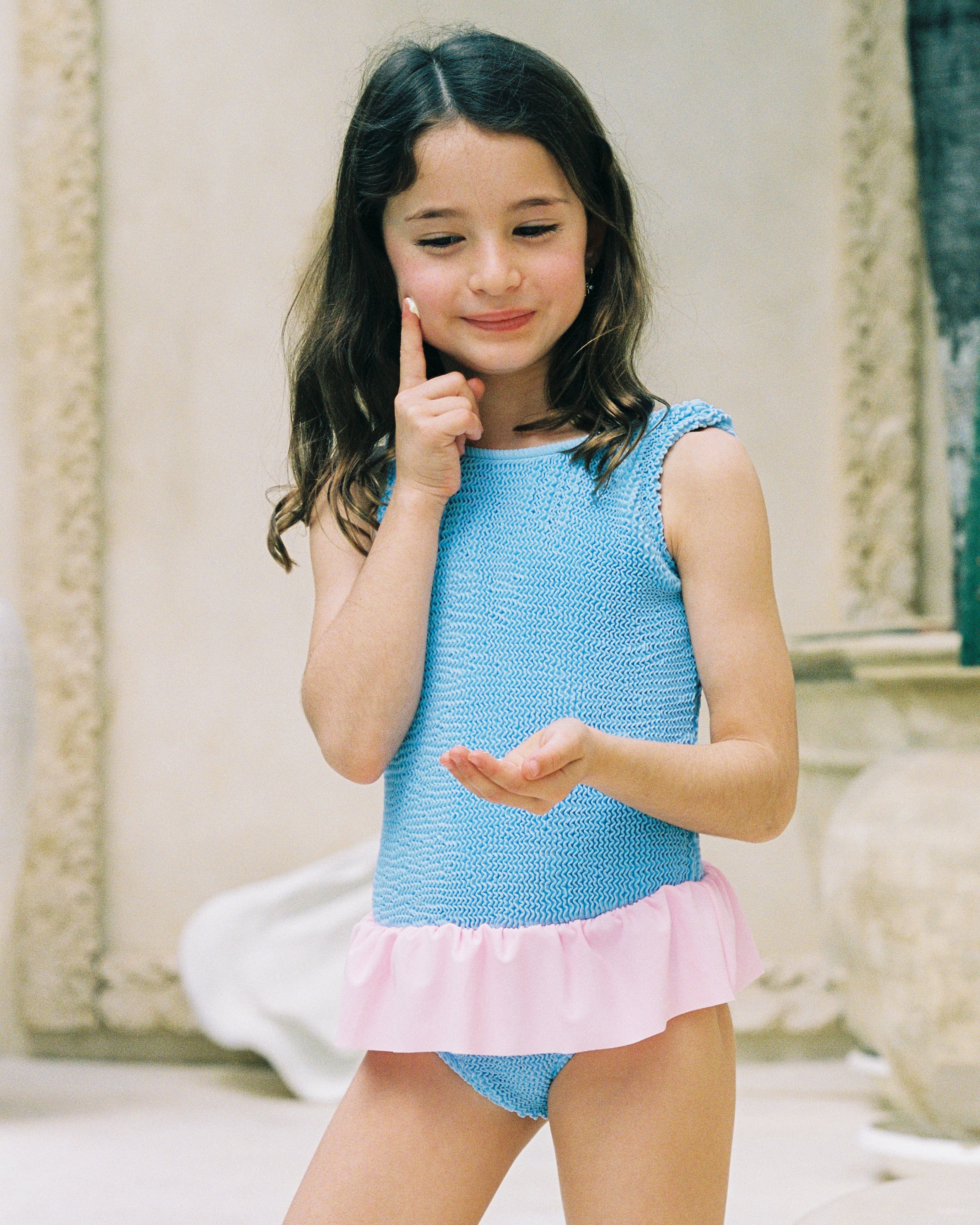 PIPER FRILL ONE PIECE - BLUE/PINK- <B> SPF 50+ </B>