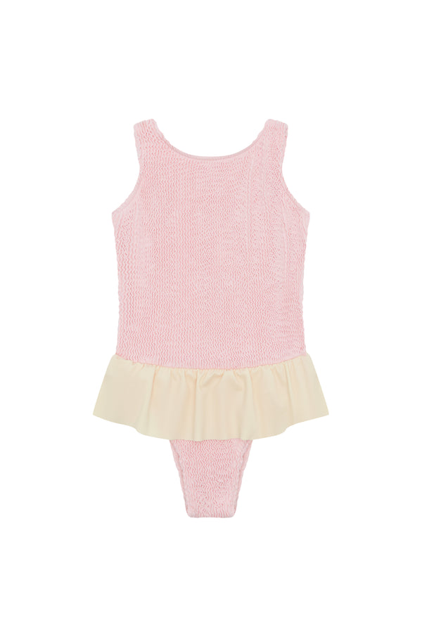 <B> NEW! </B>- PIPER FRILL ONE PIECE - BLUSH/CREAM - <B> SPF 50+ </B>